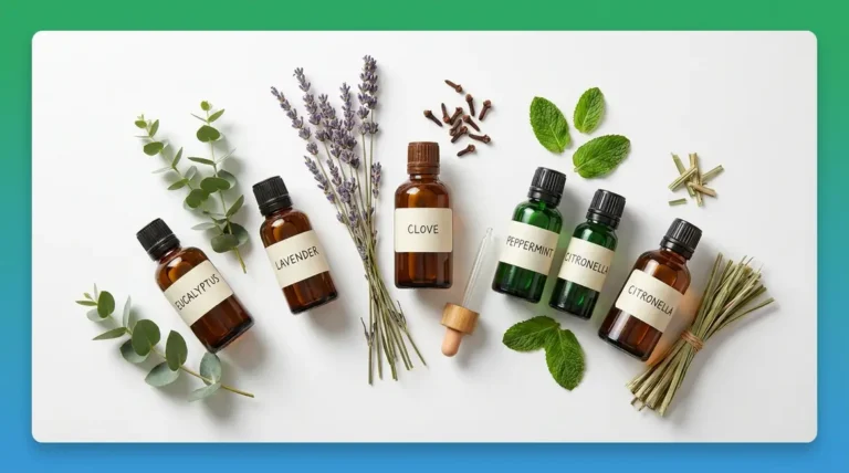 Seven essential oils for mosquito repellent arranged with fresh botanicals on a clean surface