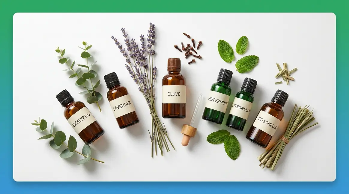Seven essential oils for mosquito repellent arranged with fresh botanicals on a clean surface
