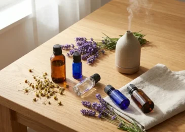 Essential oils for stress relief at home arranged with lavender and chamomile on wooden surface