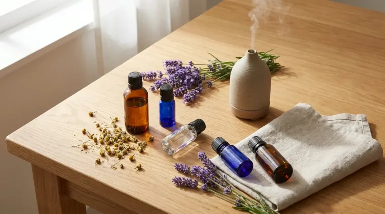 Essential oils for stress relief at home arranged with lavender and chamomile on wooden surface
