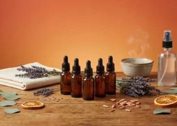 Essential oils without a diffuser arranged with lavender, spray bottle, and steam bowl on wood