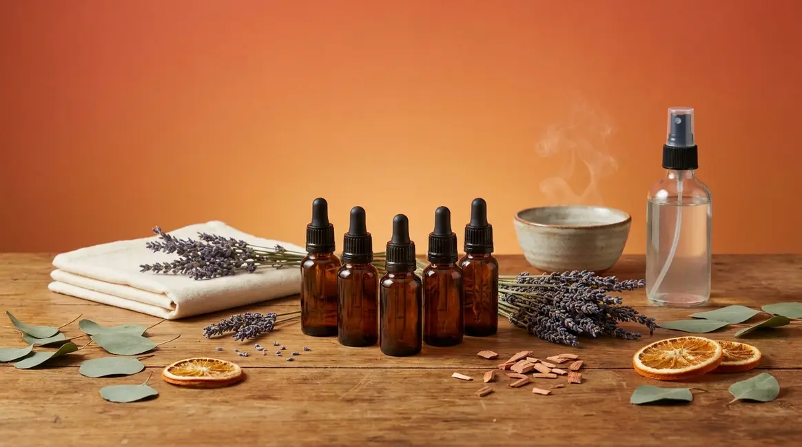 Essential oils without a diffuser arranged with lavender, spray bottle, and steam bowl on wood