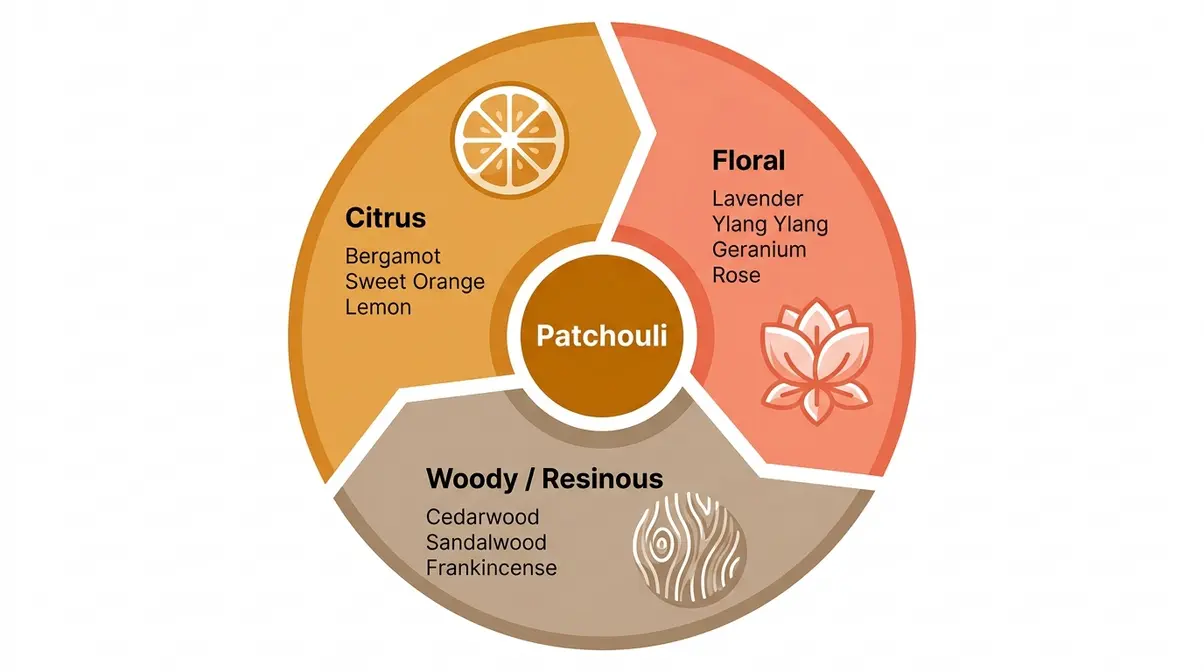 Blending wheel showing citrus, floral and woody oils that pair with patchouli