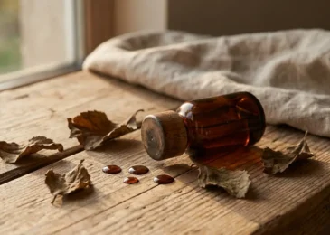 Dark amber bottle of patchouli essential oil surrounded by dried leaves on wooden surface