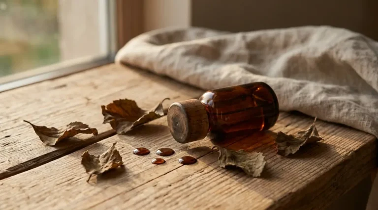Dark amber bottle of patchouli essential oil surrounded by dried leaves on wooden surface