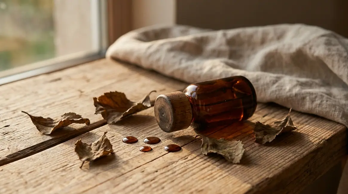 Dark amber bottle of patchouli essential oil surrounded by dried leaves on wooden surface