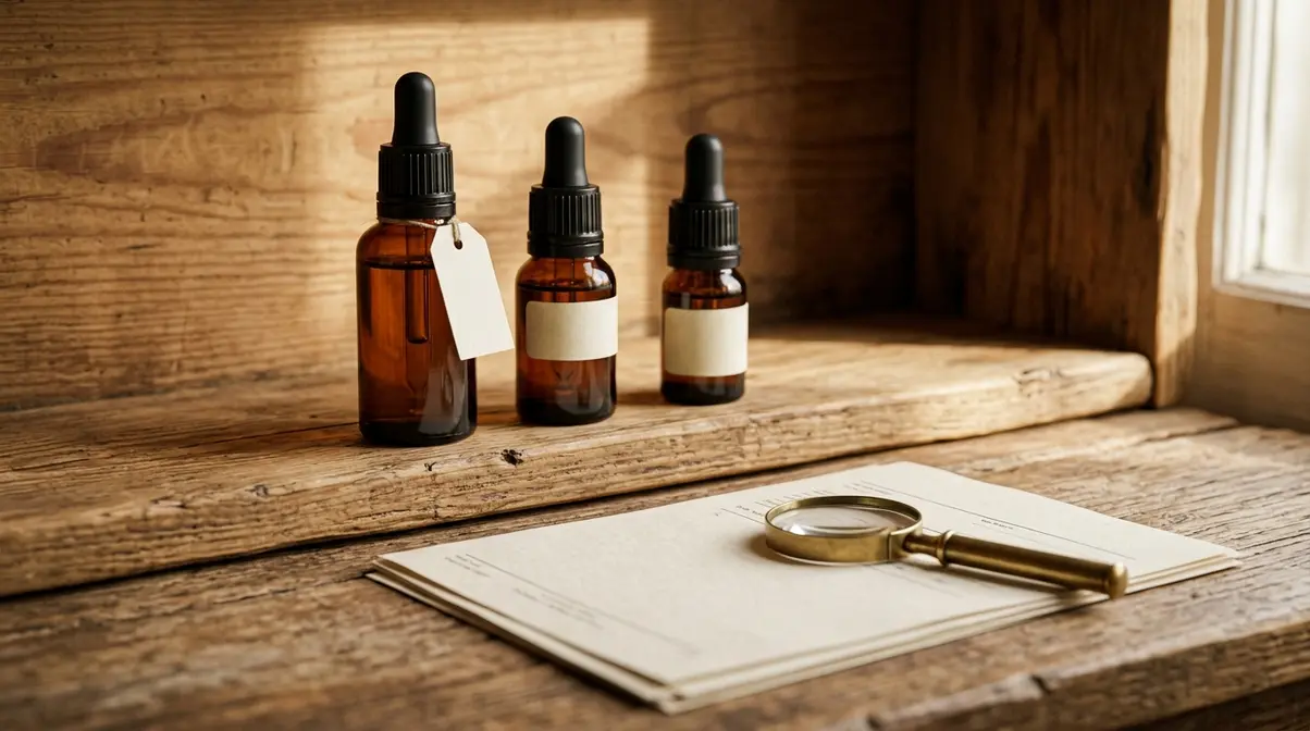 Patchouli oil bottles beside a laboratory test report