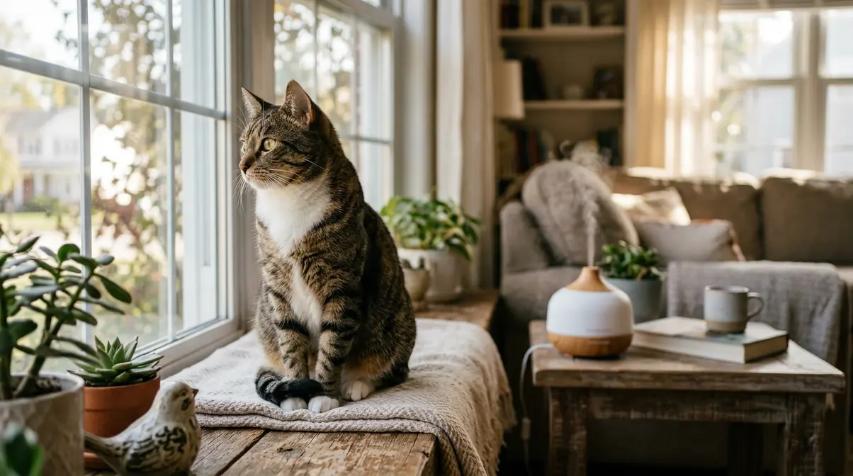 Cat in a room with an essential oil diffuser running