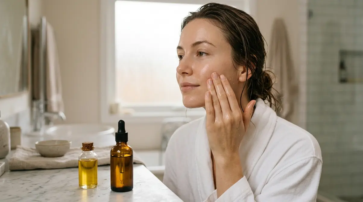 Applying a diluted patchouli facial oil with fingertips