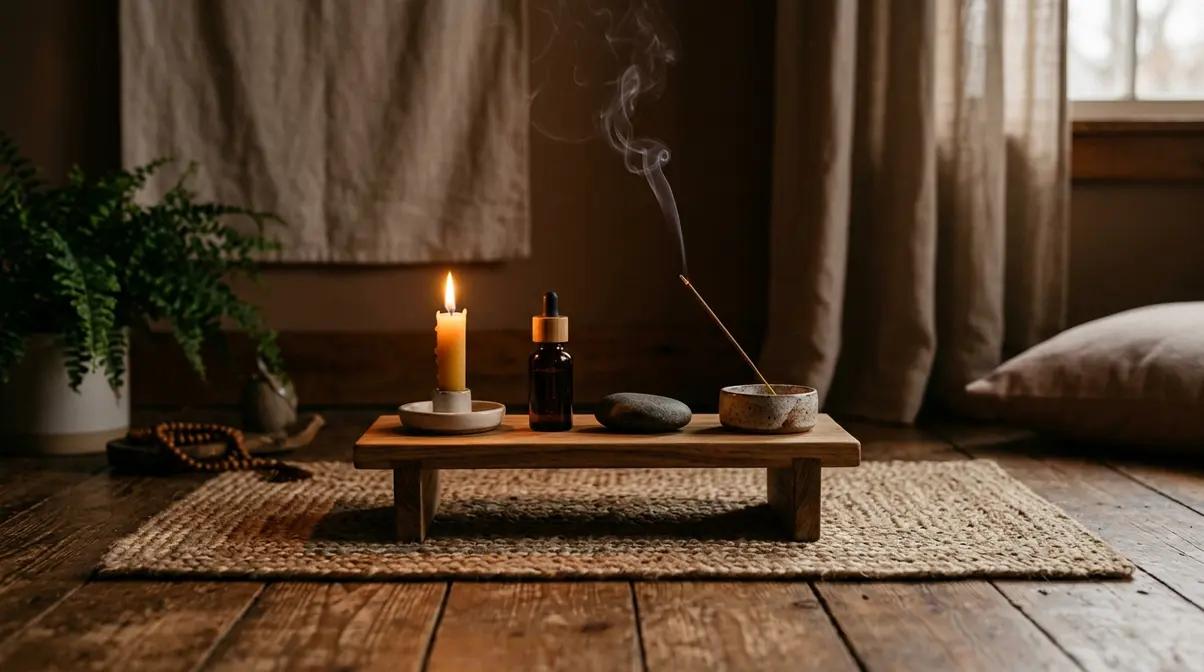 Patchouli oil bottle beside a candle on a meditation altar