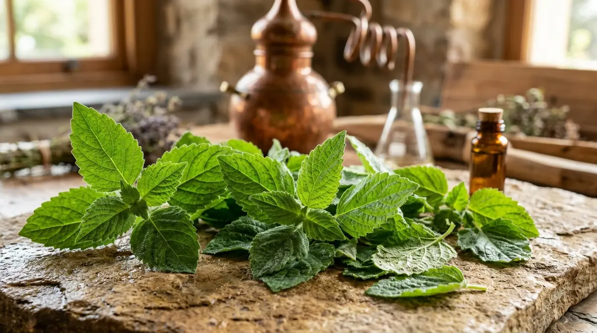 Patchouli leaves beside a steam distillation vessel