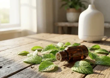 Dark amber bottle of peppermint essential oil beside fresh Mentha piperita leaves on wooden surface