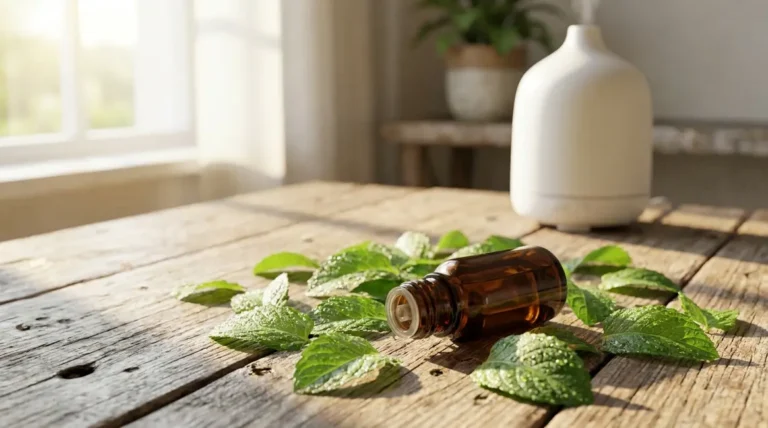 Dark amber bottle of peppermint essential oil beside fresh Mentha piperita leaves on wooden surface