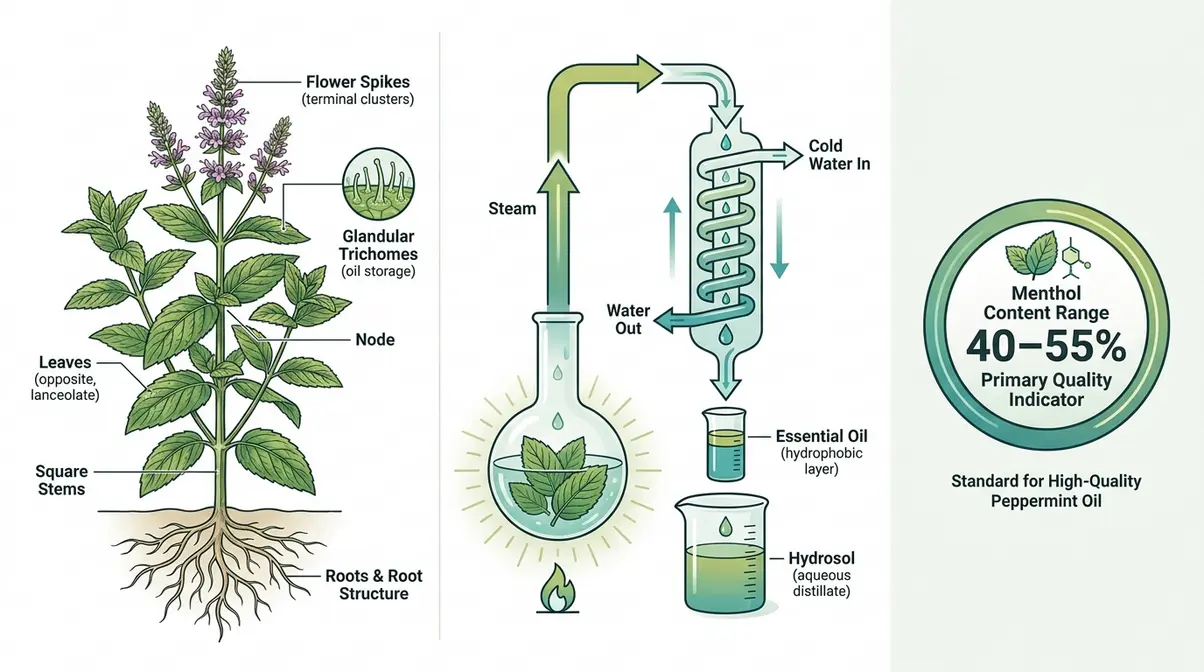 Peppermint essential oil with fresh peppermint leaves