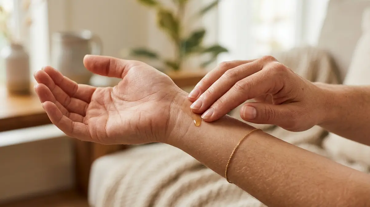 Applying essential oil roller to pulse points on the wrists